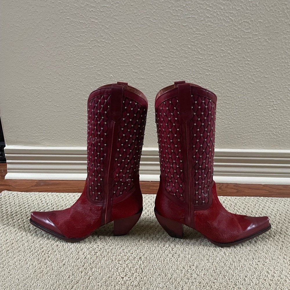 RARE Donald Pliner Ruby Red Hair On Hide Western Boots (8) - Picture 10 of 14